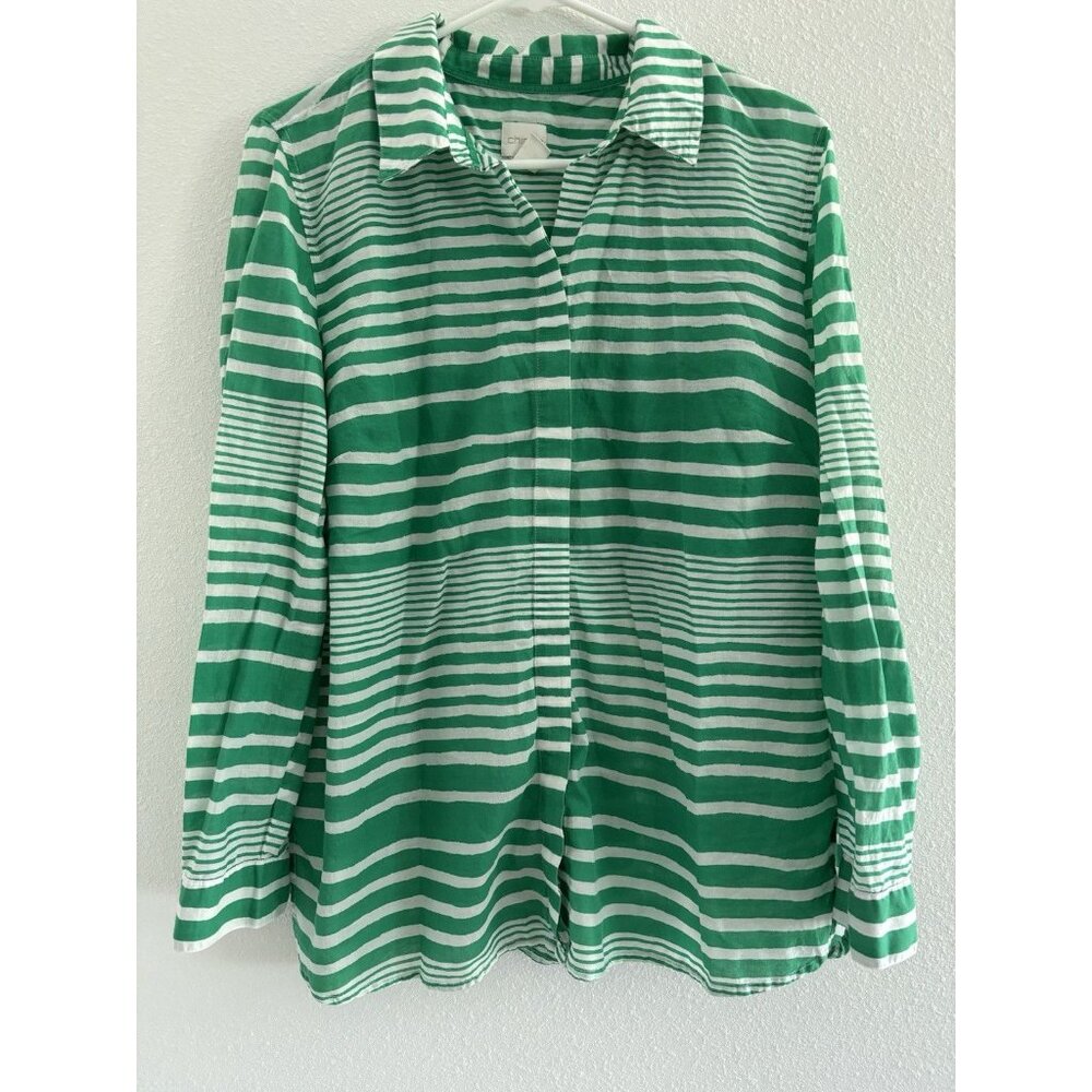 CHICO'S Button Down Shirt Womens Size 2 100% Cotton Green White Stripe Resort